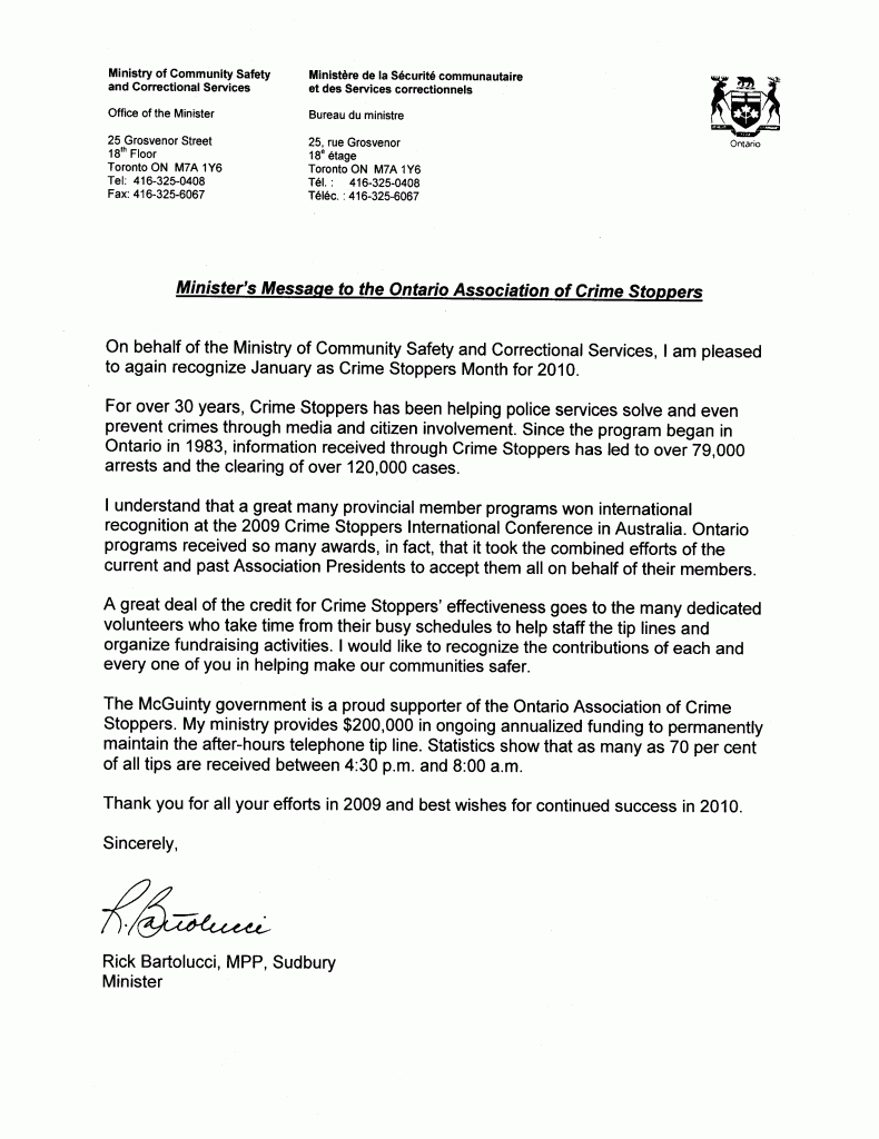 MN's Message to the Ontario Association of Crime Stoppers